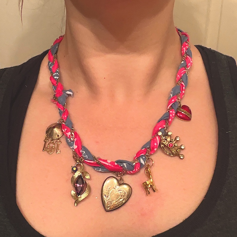 Handcrafted Bandana & Gold Reclaimed Charm Necklace - Picture 2 of 8